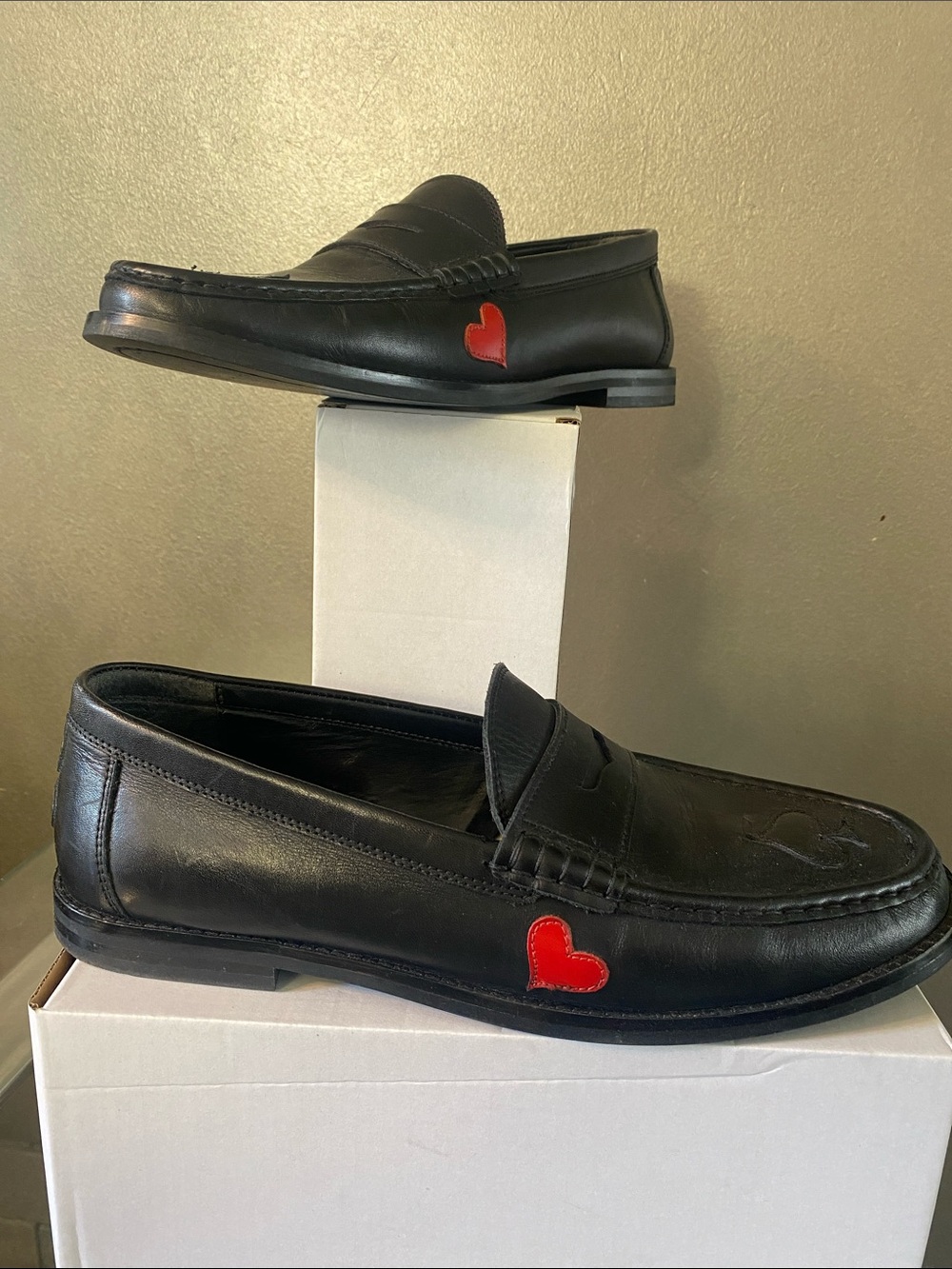 Black Leather Penny Loafers with Red Heart Accent - Men